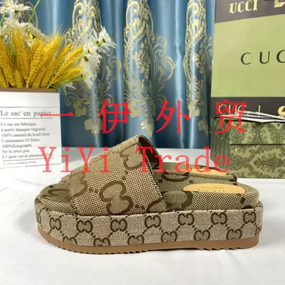 Thick-soled slippers foreign trade 2023 New G home presbyopic printed hidden height embroidered one-word casual muffin sandals