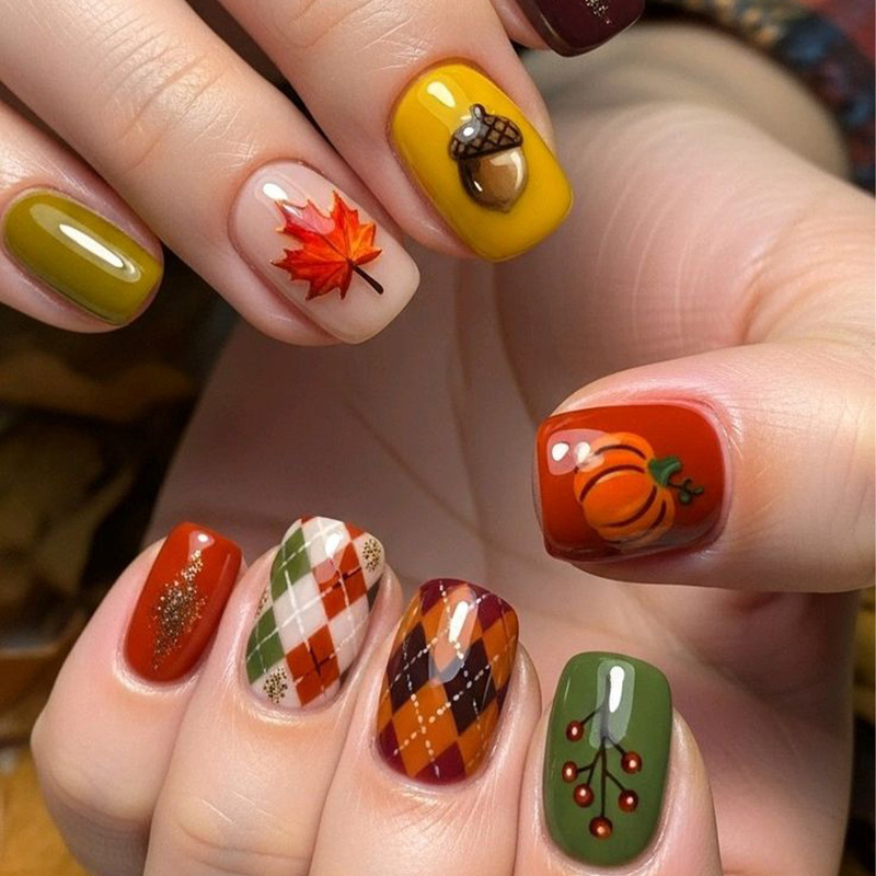 Wearable square-shaped autumn ginger-colored maple leaf pumpkin geometric grid print design detachable fake nail patches