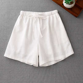 实拍 白色亚麻短裤女新款宽松显瘦松紧腰a字休闲阔腿裤图片色常规