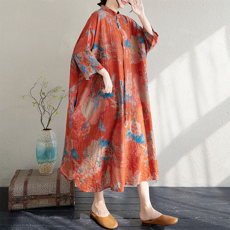 Foreign Trade Large Size Spring and Summer New Style Artistic Retro Cotton and Linen Printed Stand-Up Collar Loose Super Long Holiday Dress
