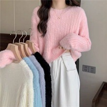韩版短款水貂绒毛衣女秋冬纯色甜美百搭气质套头时尚针织衫上衣潮