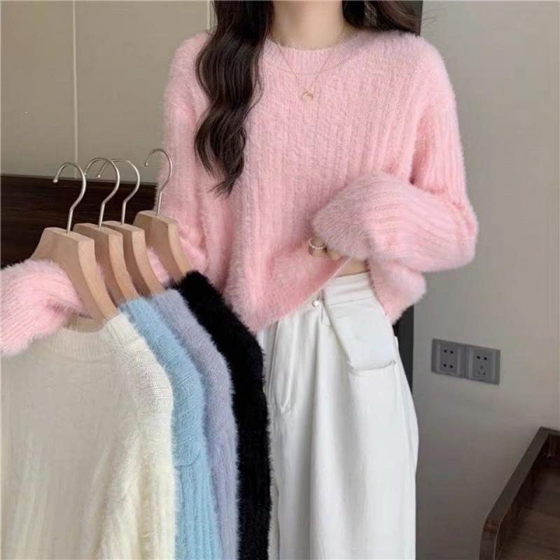 韩版短款水貂绒毛衣女秋冬纯色甜美百搭气质套头时尚针织衫上衣潮