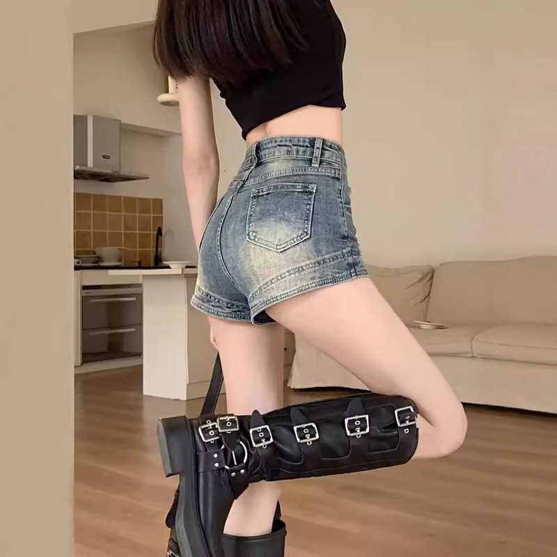 High Waist Retro Denim Shorts Women's Summer Internet Trending Motorcycle Hot Girl Stretch A- Word Tight American Style Sexy Outer Wear Hot Pants