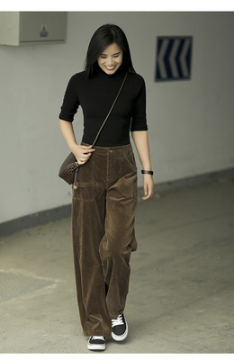 灯芯绒阔腿裤女2021新款冬季高腰显瘦百搭宽松垂感直筒长裤子|ms