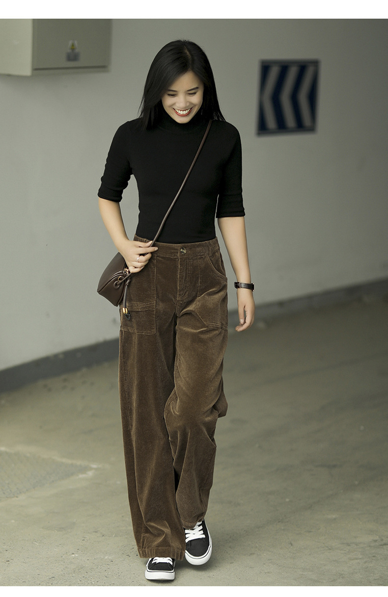 灯芯绒阔腿裤女2021新款冬季高腰显瘦百搭宽松垂感直筒长裤子|ms