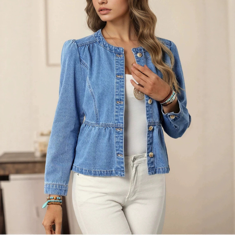 2026 Autumn New Solid Color Denim Shirt for Women, European and American Casual Versatile Pullover Round Neck Puff Sleeve Top for Women