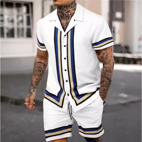 Men's Cuban Collar Shirt Two-piece Set Fashionable Elegant Shopping Casual Printed Short-sleeved Shirt Shorts