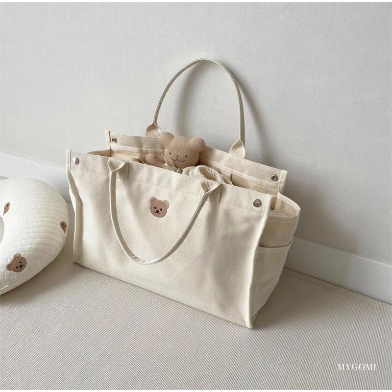 Koreanische Ins Mama bestickte Teddybär Mutter und Baby Canvas Tragetasche für Outdoor-Mode, große Kapazität Tasche_voghion.com