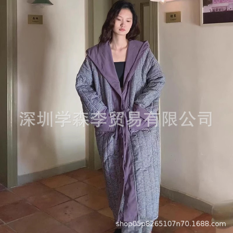 가을과 겨울에 코튼 패딩 재킷이 달린 민족 마셔 파자마 기모 두꺼운 따뜻한 격자 무늬 긴 잠옷 홈 옷 195 세트