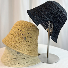韩国东大门编织镂空开叉渔夫帽夏遮阳防晒帽2024新款金属小标盆帽