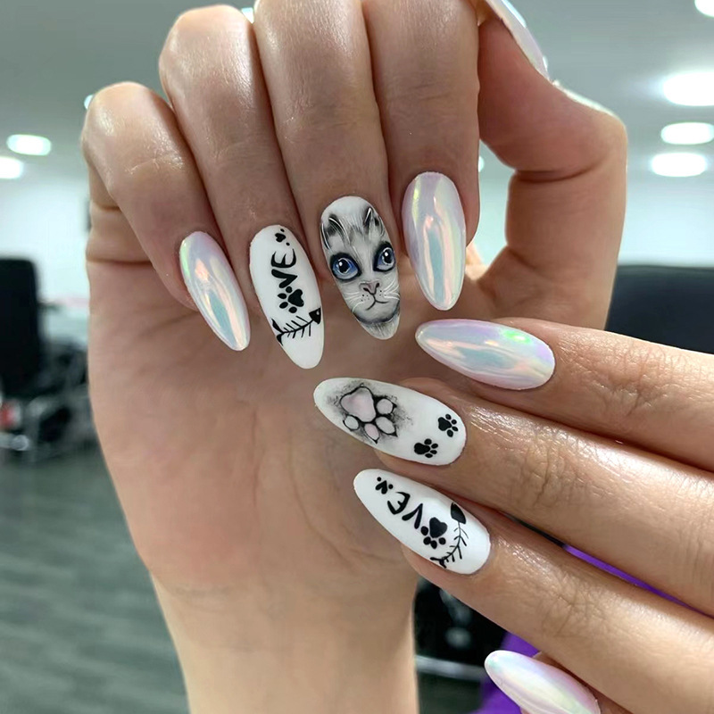 Aurora Almond Nail Painting Style Cat Manicure European and American Ins Style Wearable Finger Halloween Fake Nails Aurora Almond Nail Painting Style Cat Manicure European and American Ins Style Wearable Finger Halloween Fake Nails