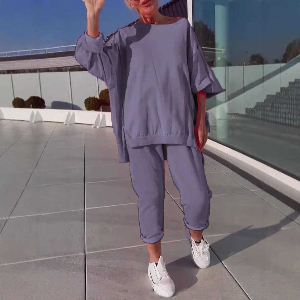 Women's Casual Solid Color Round Neck Long Sleeve Top And Sports Pants Set_ecoleips.com