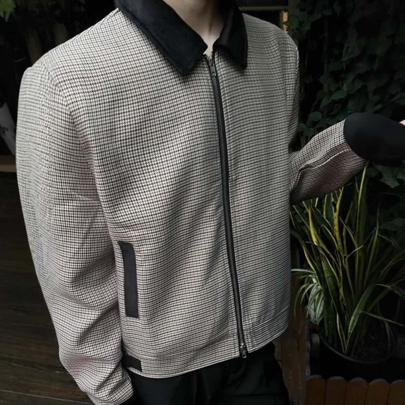 Vintage Color Matching Houndstooth Velvet Spring and Autumn Short Jacket Men's Double Zipper Figure Fashion All-match Lapel Jacket