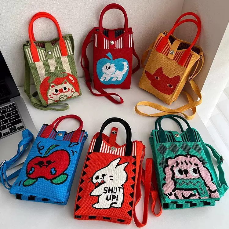 新款卡通单肩可爱针织手机包女韩版百搭斜跨包出游零钱包小手提包