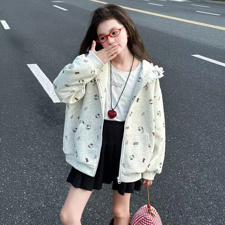 Girls' Autumn Cartoon Print Lace Hooded Jacket 2025 New Korean Style Versatile Zipper Cardigan for Older Children Trendy