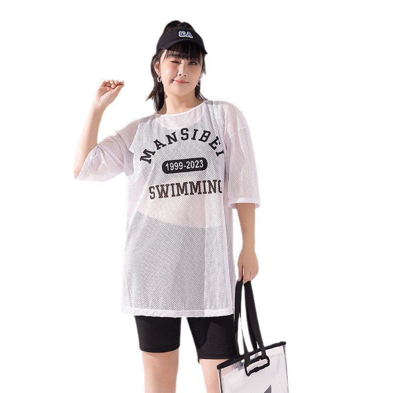 Más tamaño dividido traje de tres piezas nuevo traje de baño estilo deportivo casual suelta más tamaño blusa Fat Girl traje de baño de aguas termales