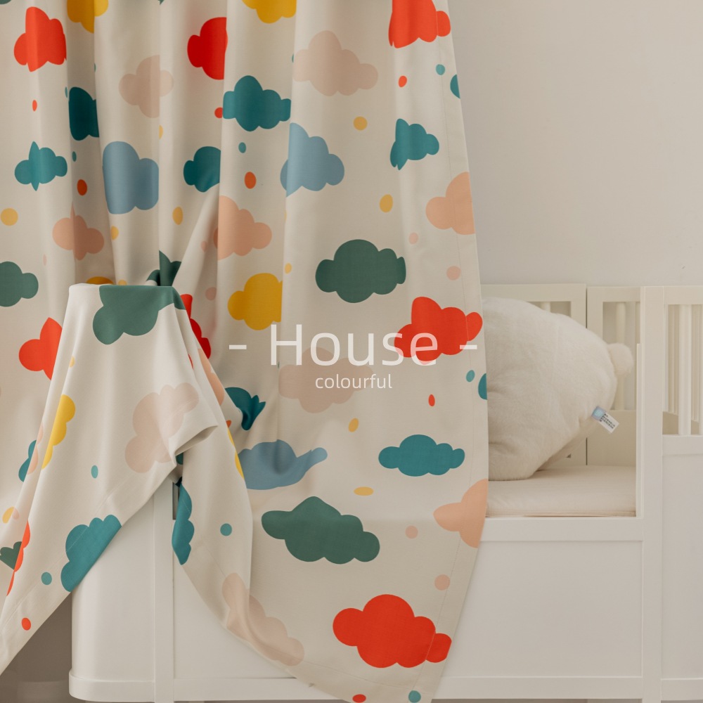 新款卡通彩虹云朵印花窗帘布纱儿童女孩卧室仿麻遮光窗帘成品批发