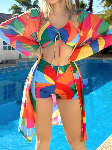 3 Pieces Clashing Color Bright Swimwear Sunsuit Suit Set Sexy
