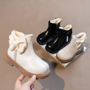 Girls Shoes Children Martin Short Boots Autumn and Winter 2024 New Princess Chanel Style Leather Boots Girls Cotton Boots for Hair