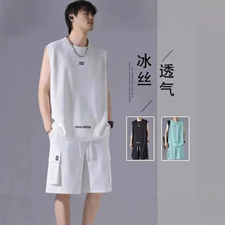 夏季无袖速干运动服套装男青少年学生背心T恤一整套宽松韩版潮流