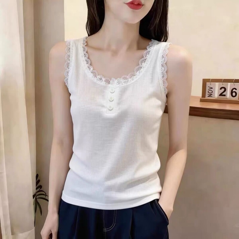 40-Count 92% Cotton Spring/Summer Lace Button Camisole for Women, Plus Size, Slim Fit, Suitable for Layering or Wearing Alone, Sleeveless Top 40-Count 92% Cotton Spring/Summer Lace Button Camisole for Women, Plus Size, Slim Fit, Suitable for Layering or Wearing Alone, Sleeveless Top