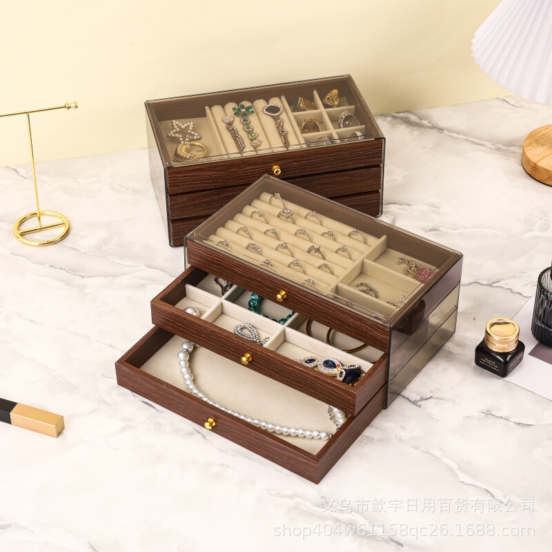 Walnut Jewelry Storage Box Velvet Earrings Necklace Bracelet Anti-Oxidation New Large-Capacity Desktop Display Box