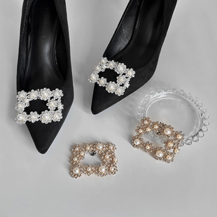 Luxurious Diamond-Encrusted Pearl Square Shoe Flower Shoe Buckle Detachable Elegant Rhinestone Wedding Shoes Sandals High-Heeled Shoe Clip New Style