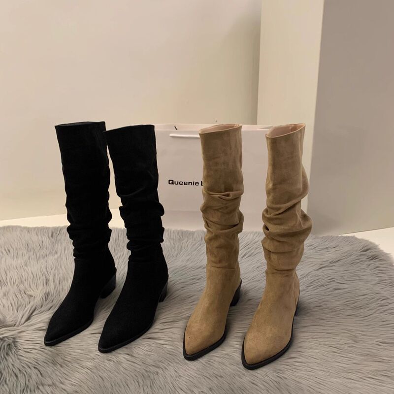 High-Heeled Suede Western Mid-Length Boots for Women, New Autumn and Winter Style, with Added Fleece, Pointed Toe, Stacked Long Tube Riding Boots High-Heeled Suede Western Mid-Length Boots for Women, New Autumn and Winter Style, with Added Fleece, Pointed Toe, Stacked Long Tube Riding Boots