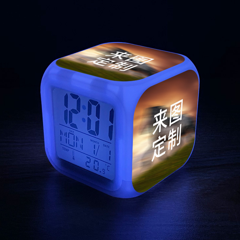 闹钟DIY学生生日礼物mini电子钟日历温度新品方形夜光七彩小夜灯