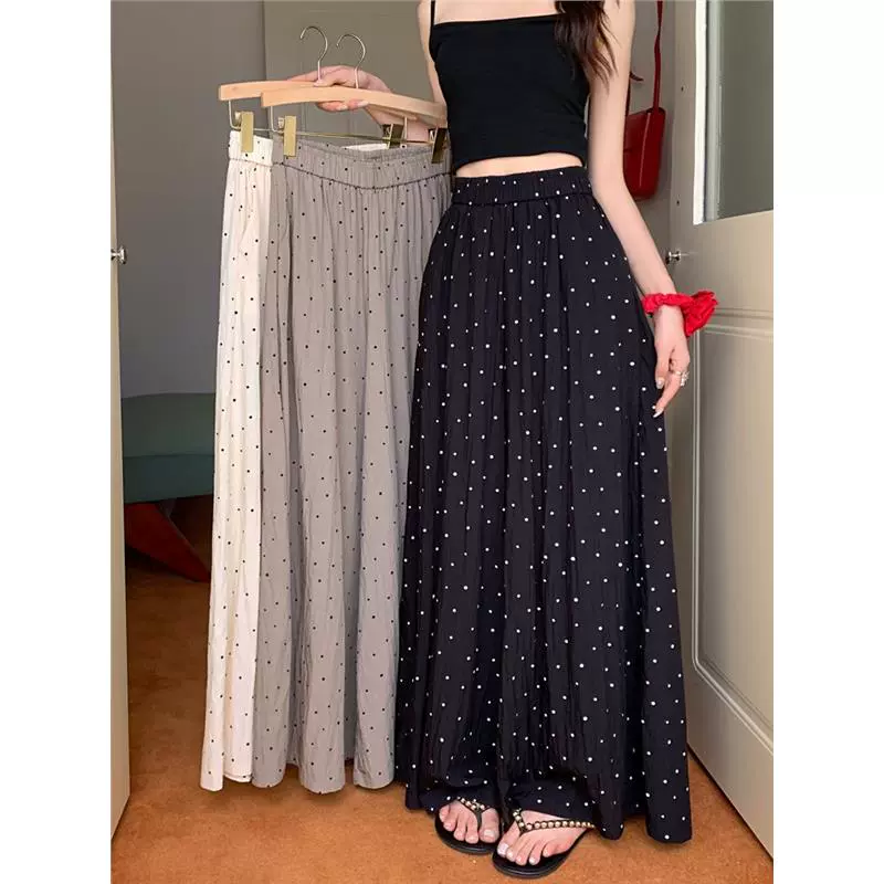 Черные волновые штаны с широкими ногами женская весна и лето тонкий 2025 новый эластично высокая талия