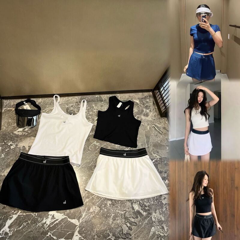 Al* Printed Anti-Exposure Skirt Women's Tennis Skirt Yoga Fitness Racerback Dopamine Tank Top Camisole Half Skirt Set
