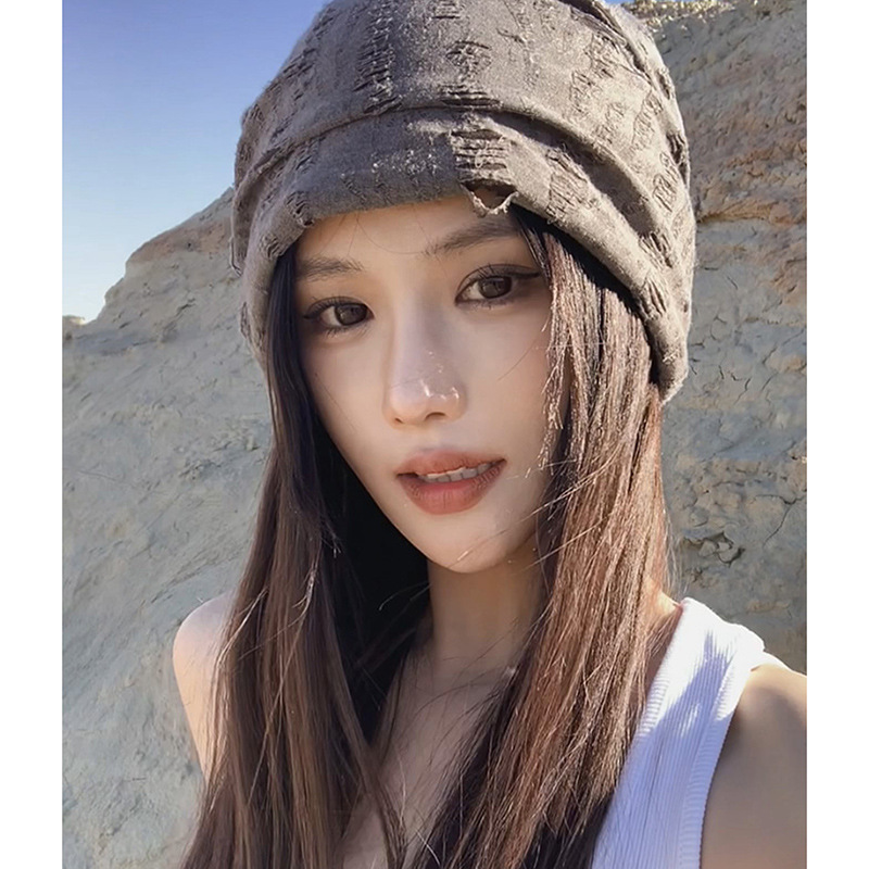 ins破洞堆堆帽女秋冬百搭保暖护耳月子帽韩版潮大头围包头帽冷帽|undefined
