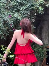 美式性感春季女红色挂脖镂空蓬蓬裙小个子露背连衣裙浪漫气质短裙