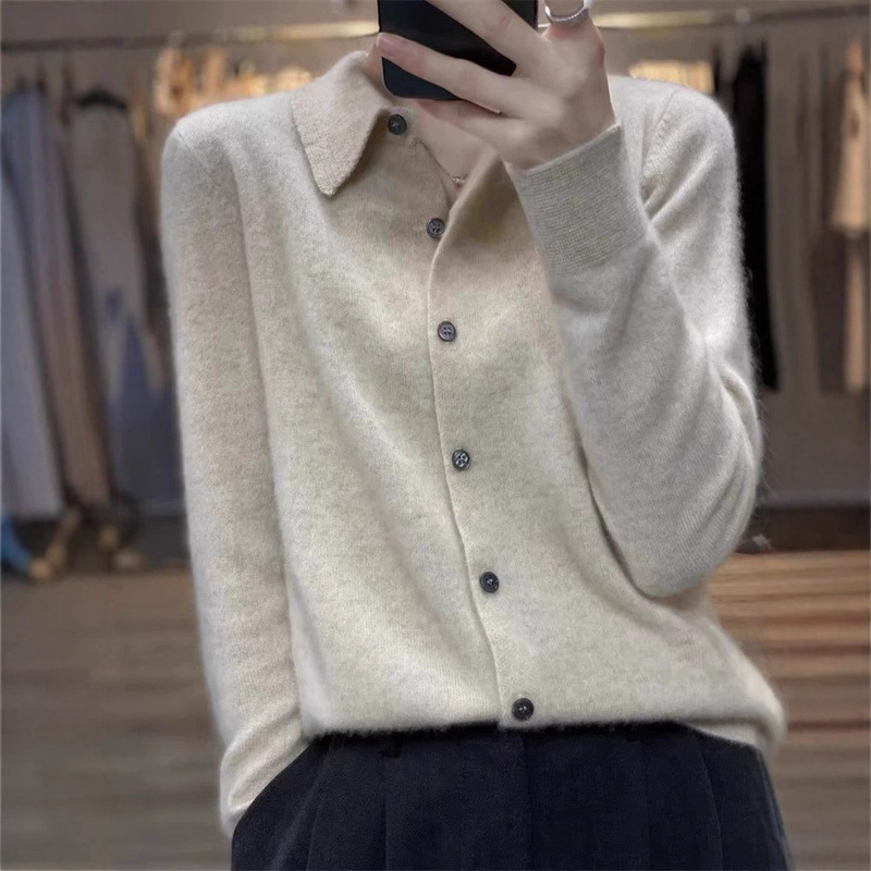 Spring Style 100 Cashmere Knitwear Women's Cardigan Shirt Collar Exquisite Polo Collar Long-Sleeved Knitwear Wool Bottoming Knitwear