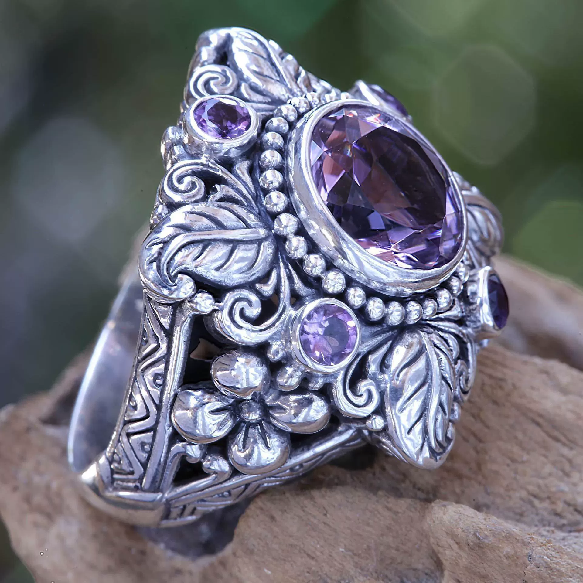 Кольцо Retro ring with crystal with amethyst, Amazon, European style, flowered