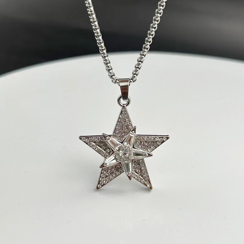 New rotating five-pointed star necklace full diamond alloy pendant European and American street fashion personality popular jewelry sweater chain