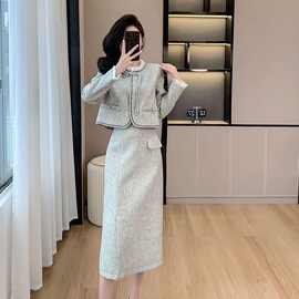 秋季新新品新品短外套女新款灰色西装两件套新品盘扣套装女