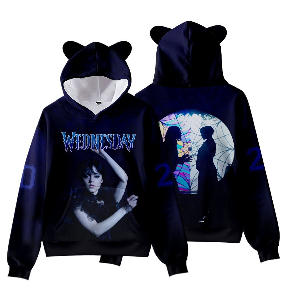 Nuevo estilo explosivo transfronterizo Adams familia estampado 3D orejas de gato con capucha para hombres y mujeres suéter con el mismo estilo