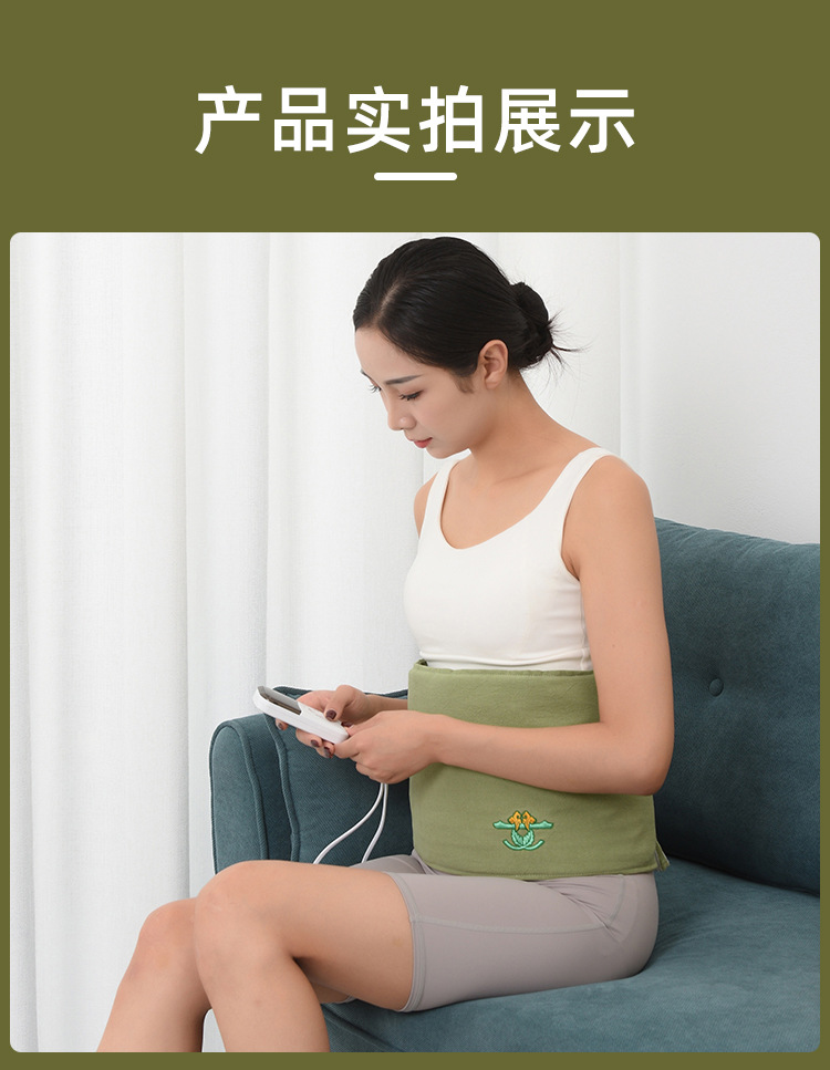 Electric Heated Waist Wrap with Mugwort Herbal Compress Cotton Washed Linen Support Belt in use