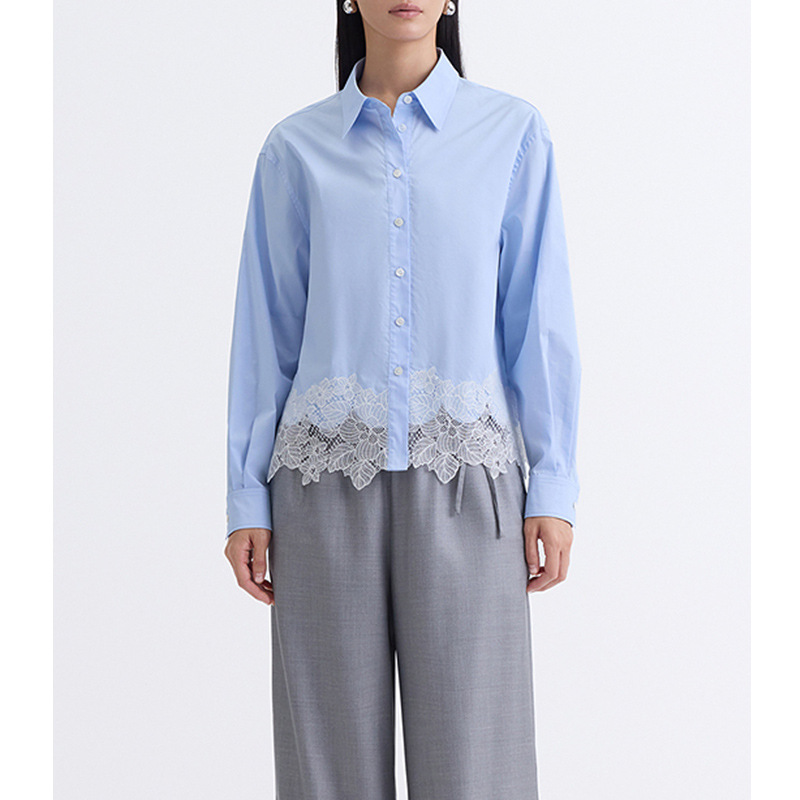 [ED Order] Stitching Lace Shirt Cotton Blue Casual Loose Stacked Top 25 Years Spring New Women