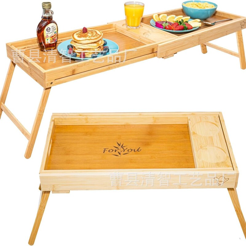 Cross-Border Pull-Out Double Tray Small Table Bedroom Bed Bamboo Tray Bamboo Manufacturer Lazy Computer Dinner Plate Table