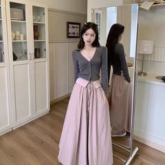 温柔套装秋季甜辣两件新款撞色短款针织上衣花苞半身裙两件套秋季