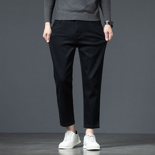 Velvet thick jeans, men's eight-quarter pants, high-end black, small man, no change, straight pants, slim casual men