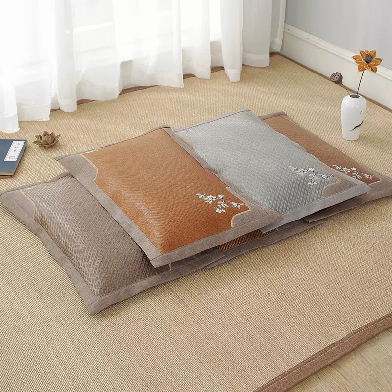 明月光时尚成人夏凉枕单人款绣花茶香枕夏季牛皮藤枕冰藤枕