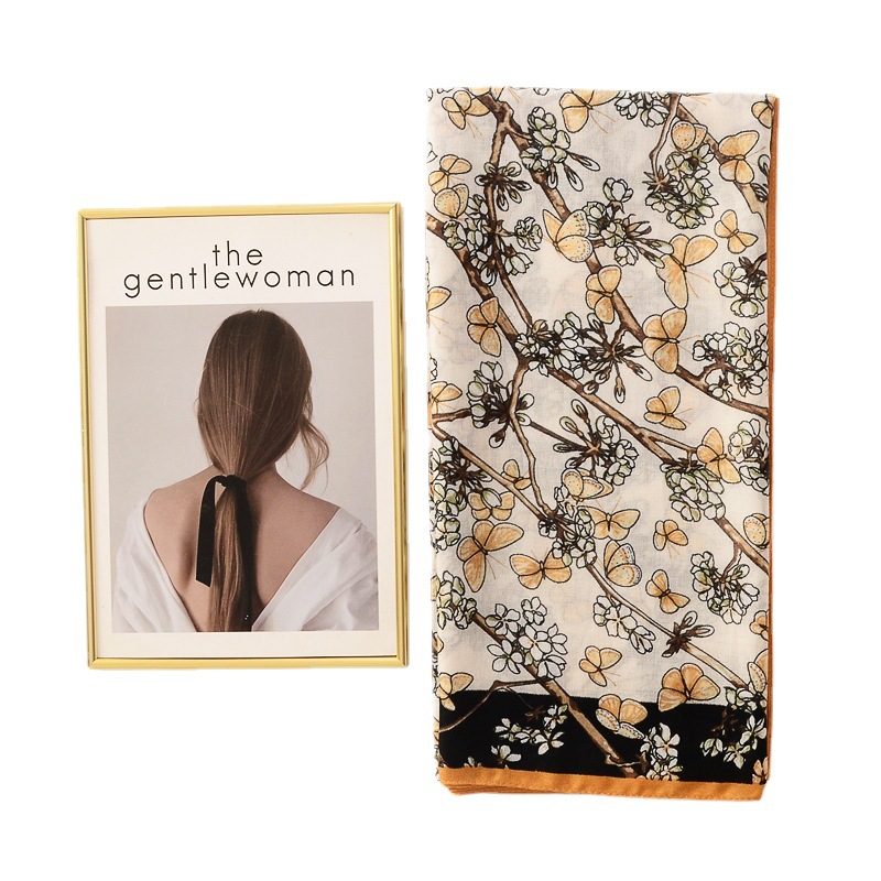 Japonés y coreano dulce mariposa flor rama decoración algodón y lino sensación bufanda de seda artística todo partido bufanda Vacaciones Viajes protector solar chal