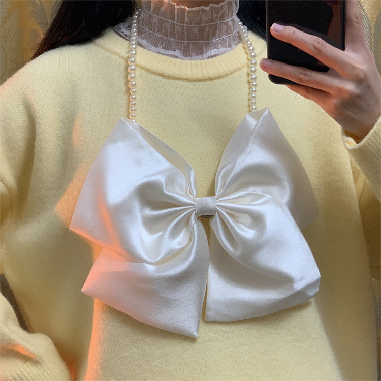 Large Bow Pin Bow Tie Korean Style Free-Tie Women's Pearl Chain Decoration dress Xiaoxiang Style Sweater Shirt