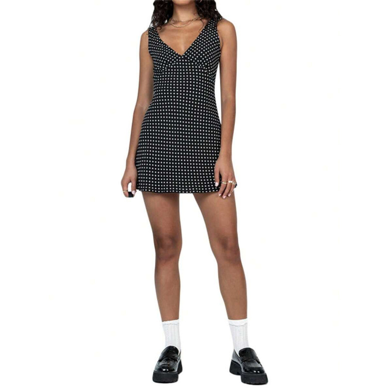I 36903 Polka Dot V-Neck Dress Polka Dot V-Neck High-Waisted Dress Cross-Border