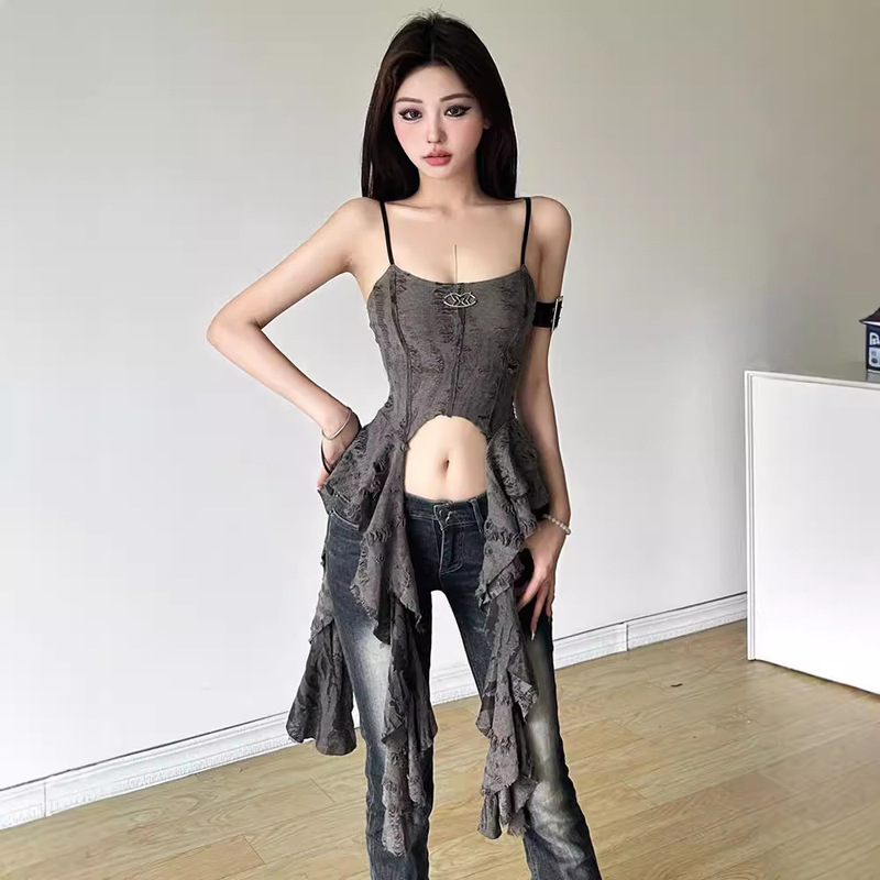 Shabby Rebellious Waste Earth Wind Hand-worn Camisole Women's Ruffled Stitching Slim-fit Chic Top Shabby Rebellious Waste Earth Wind Hand-worn Camisole Women's Ruffled Stitching Slim-fit Chic Top