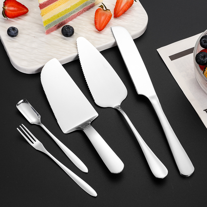Vajilla de acero inoxidable, juego de cuchillo y tenedor de pastel, postre, tenedor de fruta, queso multifuncional, pizza, pala de pastel, logotipo impreso