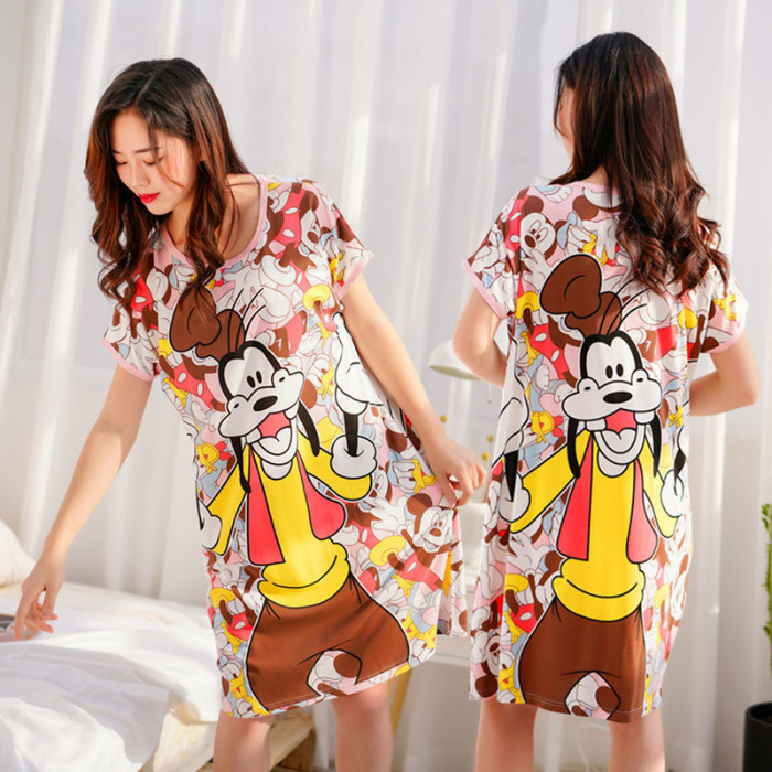 Camisón de las mujeres del verano Delgado manga corta nueva línea rojo estilo pijamas dibujos animados lindo señoras vestido flojo desgaste hogar